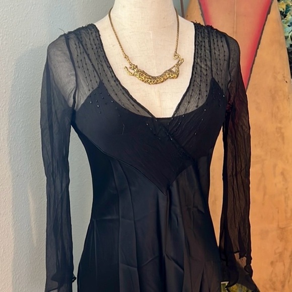 VTG Lillie Rubin,Chiffon Upper,Silky Black Satin Dress,Gorgeous Sheer Sleeves,8M - Picture 9 of 15